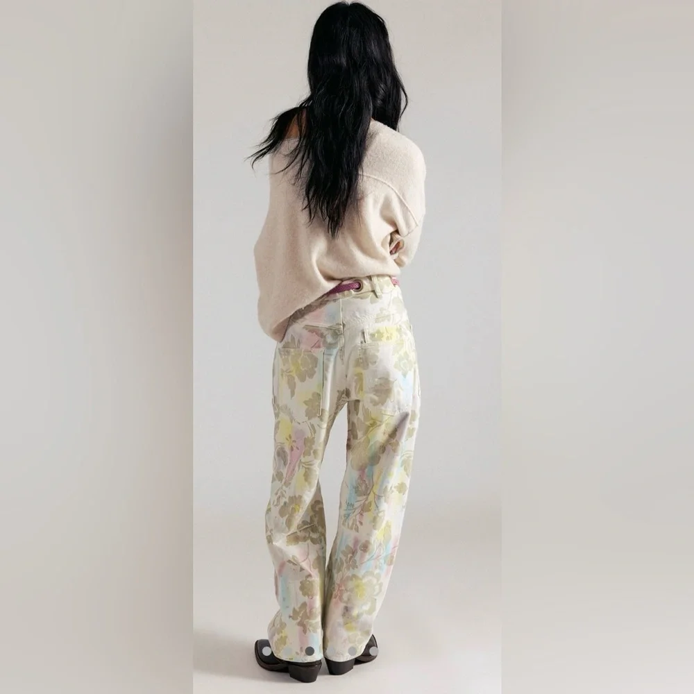 NWT we the free Moxie flocked barrel jeans 28 ivory floral oversized baggy - Picture 2 of 10